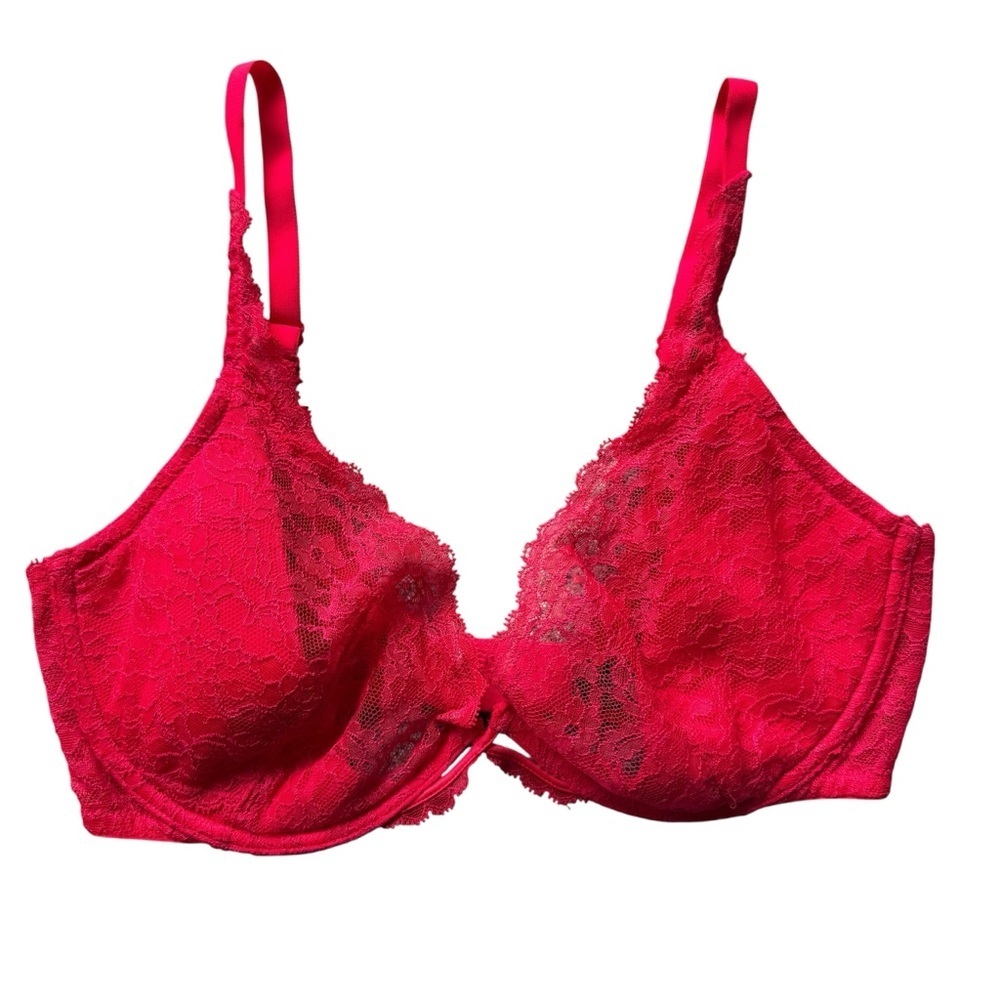 Victoria's Secret Very Sexy Plunge Push Up Bra 34DD Red Lace Underwire Unlined